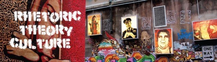 Rhetoric, Theory, and Culture text over an image of a woman, in the background are portraits of iconic figures on a graffiti wall.
